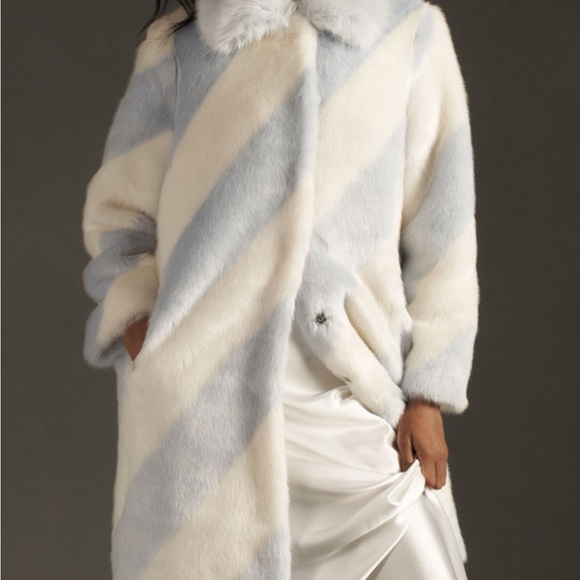Anthropologie Maeve Elegant White and Blue Faux Fur Collared Coat - Picture 2 of 8